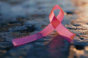A pink ribbon, representing breast cancer awareness, is delicately placed on a textured surface, illuminated by warm golden hour light, creating a poignant visual photo