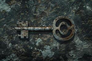 An ornate key with intricate designs lies on a rough stone surface, displaying its age and history. The key's weathered appearance suggests stories from the past photo