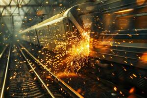 An intense moment unfolds as a train collides with another at a crowded railway station, sending showers of sparks into the air during evening rush hour photo