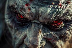 This striking close-up features a monster face with intense, glowing red eyes and detailed textures. The fierce expression reveals a blend of artistry and fear, highlighted during a creative event photo