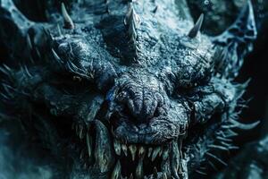 A menacing dragon with rugged scales and sharp teeth stands in a dark forest, illuminated by moonlight, creating a mysterious and ominous atmosphere photo