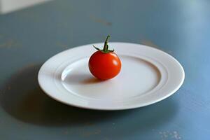 A fresh, ripe tomato sits alone on a white plate, highlighting its vibrant red color against a soft blue surface. The scene evokes a sense of simplicity and freshness photo