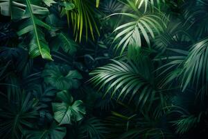 Dense layers of tropical plants create a rich green tapestry in a pristine rainforest, illuminated by soft sunlight filtering through the canopy photo