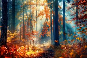Golden sunlight breaks through vibrant red and orange leaves, casting a warm glow on a peaceful forest path lined with tall trees during autumn photo
