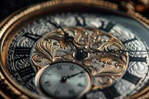 An antique pocket watch featuring exquisite engravings and a classic design rests in soft lighting, highlighting its intricate craftsmanship and timeless elegance photo