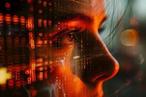 A woman's face is reflected in a computer screen photo