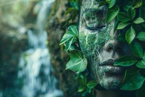 A serene woman stands in a vibrant rainforest, her face intricately decorated with leaves and greenery, harmonizing with the flowing water nearby and creating a peaceful atmosphere photo