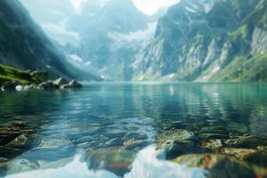 A calm lake mirrors the towering mountains and vibrant greenery, capturing the serenity of nature on a clear, sunny day, inviting peace and tranquility photo