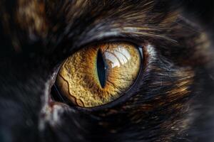 The image captures a close-up view of a cat's amber eye, revealing stunning details in the iris, including vivid patterns and reflections of light photo