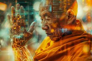 A monk dressed in bright orange robes meditates with a serene expression while digital elements surround him, symbolizing the intersection of ancient wisdom and modern technology photo