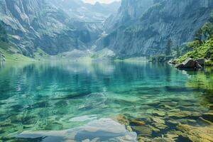 In the heart of the mountains, a clear lake mirrors the rocky cliffs and lush greenery under a bright sky, creating a tranquil landscape that invites exploration photo