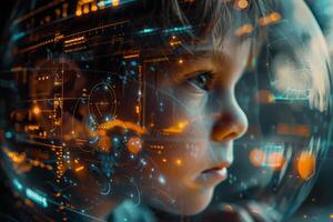 The child appears immersed in thought, with vivid digital elements surrounding their face, highlighting a blend of innocence and futuristic technology, sparking imagination photo