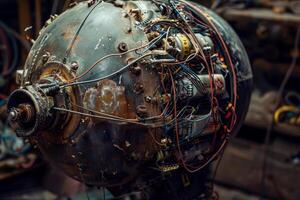 An intricate mechanical device covered in wires and metal parts is showcased in an industrial workshop, highlighting its vintage design and detailed craftsmanship photo