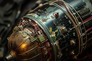 A complex mechanical apparatus lies on a workbench, revealing colorful wires and rusty parts that highlight its vintage design and intricate engineering details photo