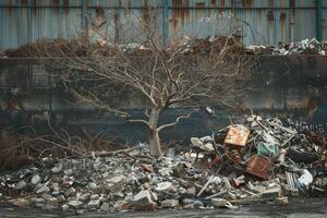 In a desolate junkyard filled with discarded materials, a lone tree emerges from the rubble, symbolizing resilience in a neglected urban landscape photo