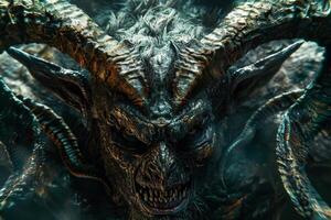 A fearsome creature with large, curved horns and sharp teeth gazes menacingly into the distance. Shadows envelop the surrounding area, enhancing its eerie presence photo