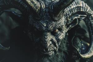 A fierce mythical creature with prominent horns and textured skin stands in a shadowy forest during twilight, exuding an aura of mystery and power photo