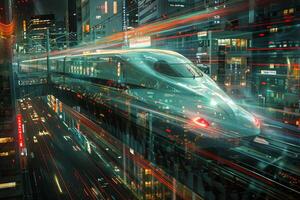 A sleek train races through a bustling city illuminated by shimmering lights. Its speed creates a stunning blur against the bright urban backdrop, capturing the essence of modern transportation photo