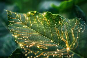 The delicate surface of a leaf features glowing circuit patterns, merging the organic beauty of nature with high-tech elements in a harmonious blend photo