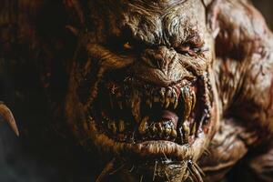 The creature with sharp teeth and a menacing expression looms in a shadowy environment, showcasing its terrifying features and finely detailed skin texture photo