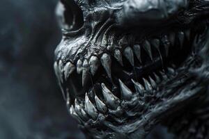 A detailed view of a monstrous skull features jagged teeth and textured surfaces, set against a mysterious backdrop that enhances its menacing appearance photo