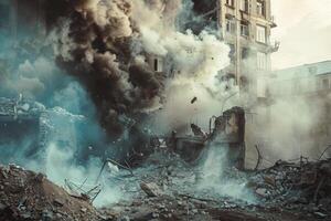 A large explosion has caused severe damage to a building in an urban setting. Thick smoke billows from the wreckage, and debris is scattered across the ground, illustrating the chaos photo