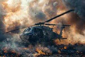 A military helicopter maneuvers through billowing smoke and flames, showcasing its power and agility in a chaotic environment during daylight hours photo