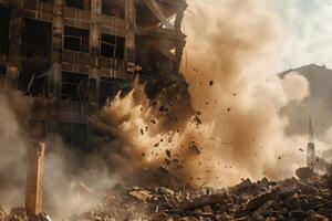 The controlled demolition of a tall structure releases large plumes of dust and flying debris into the sunny urban sky, showcasing the violent collapse of concrete photo