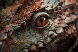 This striking close-up captures the detailed eye of a reptile, revealing vibrant colors and intricate scale patterns while resting in its natural environment photo
