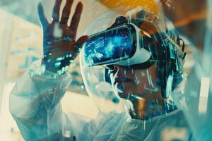 In a modern laboratory, an individual dons virtual reality goggles, interacting with a vibrant digital interface, fully immersed in an immersive experience photo