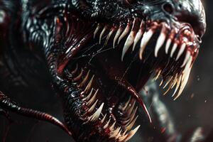 A monstrous creature displays its terrifying jaws filled with sharp, bloodied teeth, poised to attack in a shadowy environment, invoking fear and awe photo
