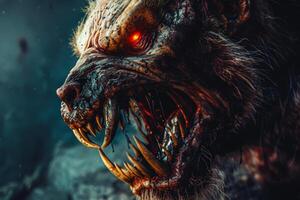 The menacing creature stands in a shadowy landscape, its fierce gaze illuminated by a haunting glow. Sharp teeth and wild fur create an intimidating presence in the twilight photo
