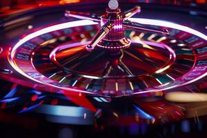 The roulette wheel spins energetically, displaying its colorful numbers and vibrant lights, while players eagerly watch, hoping for a fortunate outcome photo