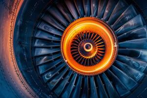 A detailed view of a jet engine turbine highlights the complex structure of the blades, featuring bright orange and deep blue hues, emphasizing advanced aerospace engineering photo