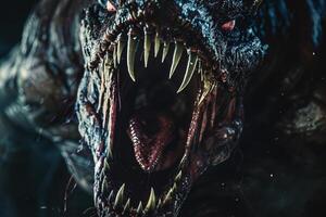 The monstrous figure looms with its gaping mouth wide open, revealing sharp fangs and a threatening demeanor as it stands in shadows, creating an eerie, intense atmosphere photo