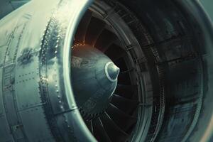 The jet engine reveals its complex design, highlighting the turbine blades and detailed components that enable aircraft propulsion, captured in bright daylight photo
