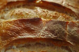 The loaf of artisan bread showcases a well-browned crust and inviting texture. It is placed on a rustic wooden board, highlighting its artisanal quality and freshness photo