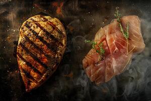 Grilled chicken and salmon are presented side by side, showcasing their smoky textures and garnished with fresh herbs, highlighting their appetizing appearance photo