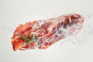 A slab of raw meat garnished with herbs is showcased, surrounded by ethereal wisps of smoke, creating an appetizing and enticing atmosphere, perfect for cooking inspiration photo