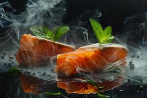 Two pieces of smoked salmon are artfully displayed on a reflective surface, topped with fresh herbs, while delicate wisps of smoke add an elegant touch to the composition photo