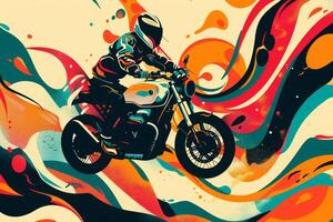 A skilled rider performs an impressive stunt on a motorcycle, surrounded by colorful swirls that bring energy and vibrancy to the artwork, capturing the thrill of the moment photo