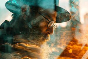 A man with a long beard and glasses engages deeply with a book, bathed in warm light as the city skyline glimmers in the background during sunset photo
