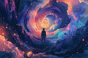 Standing at the edge of a breathtaking cosmic vortex, a figure gazes into a mesmerizing swirl of vibrant colors and galaxies, captivated by the beauty of the universe photo