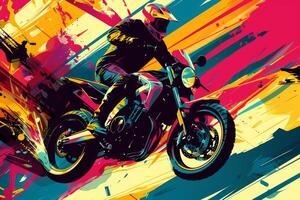 The image captures a motorcyclist skillfully executing a stunt, surrounded by a vivid explosion of colors in an artistic abstraction that enhances the sense of motion photo