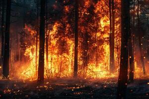 A fierce wildfire engulfs the forest at night, with bright flames shooting up through trees, while smoke fills the air, creating a dramatic and hazardous environment photo