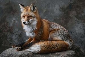 A red fox sits gracefully on a rocky surface, showcasing its vibrant fur and keen gaze. The setting has a muted, natural background that enhances the fox's beauty photo