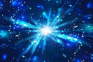 A dynamic burst of blue light radiates outward, creating a mesmerizing visual effect. Sparkling particles enhance the captivating atmosphere in a dark expanse photo