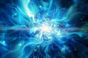 A mesmerizing display of swirling blue light and energy unfolds, capturing the essence of cosmic phenomena. This scene immerses viewers in a vibrant, otherworldly atmosphere photo