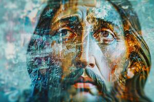 A thoughtful artistic depiction of a significant historical figure blends seamlessly with urban street art, creating a vibrant and layered visual experience photo