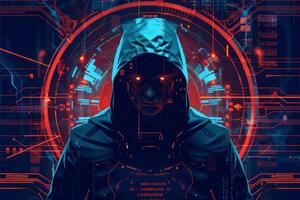 A mysterious figure cloaked in dark attire stands amidst vibrant red and purple digital graphics, conveying a cyberpunk atmosphere in a futuristic environment photo